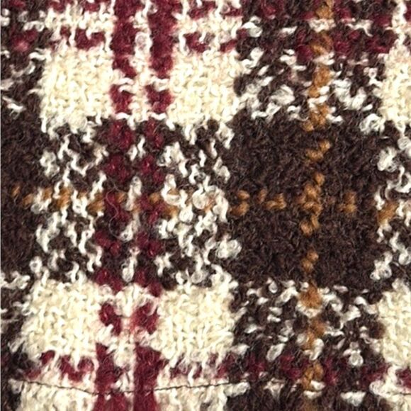 Wool Tartan Plaid Boucle Cream Brown Burgundy Scarf Unisex - Picture 4 of 8